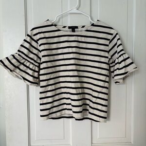 J. Crew Black and White Striped Blouse with Ruffle Sleeves